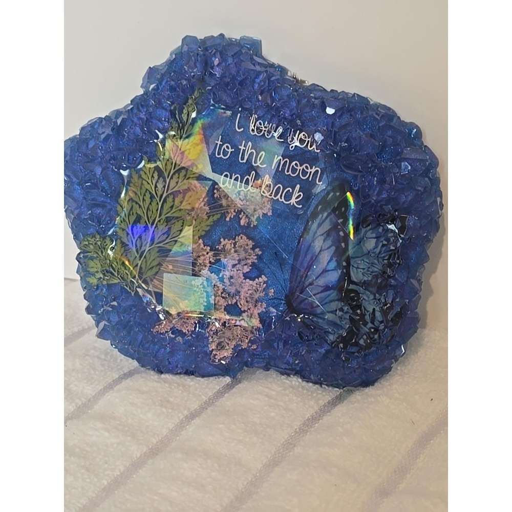 Handmade Resin Crystal Edge‎ Trinket Holder Holographic Blue With Butterfly  783